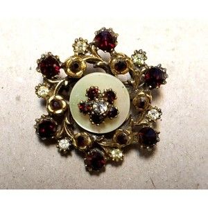 Vintage 1950's Mod style Brooch, Garnets, Clear Crystals, Mother Of Pearl, Mid C